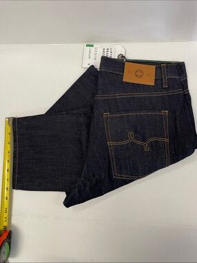 LRG Men's Dark Indigo Straight Jeans with Tan Patch